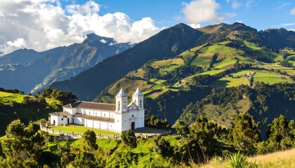 Panoramic view of a white church nestled in a valley amidst lush green hills and mountains