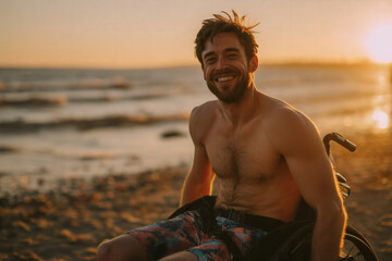 Confident Young Man in Wheelchair Enjoying Beach at Golden Hour in Swimwear with Empowered Mood