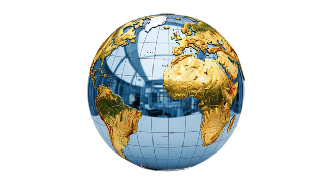 Shiny globe with continents reflecting a modern building isolated on transparent background