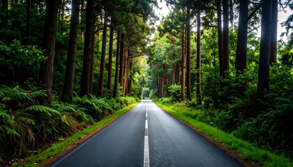 A straight road through a dense forest