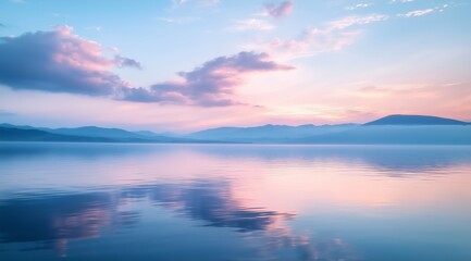 Obraz premium A peaceful landscape of a tranquil lake reflecting mountains and a colorful sunset sky.