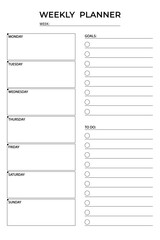 Weekly planner template. Simple and clean weekly planner template with sections for days, goals, and to-do lists. Perfect for organizing your schedule and improving productivity. Vector illustration