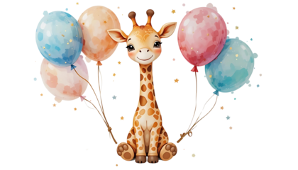 Cute Watercolor Giraffe with Pastel Balloons, Happy Birthday, Baby Shower, Nursery Art, Illustration