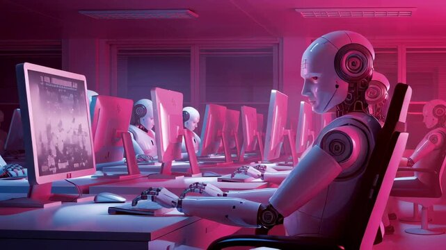Multiple humanoid robots performing synchronized computational tasks in modern technological workspace with pink-blue ambient lighting, demonstrating advanced machine learning capabilities.