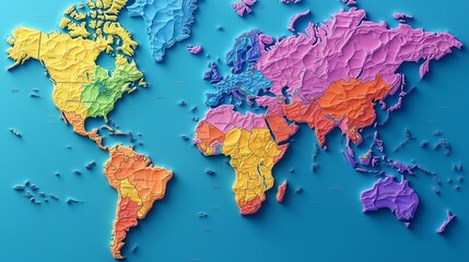  A colorful and textured 3D world map with countries in different colors.

