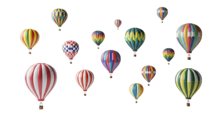 Many colorful hot air balloons isolated on transparent background