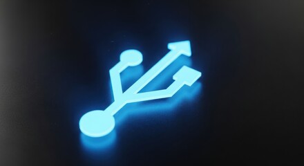 Illuminated light blue USB port icon glowing in the dark.