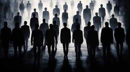 Abstract Black and White Image of Silhouetted People Walking Together

