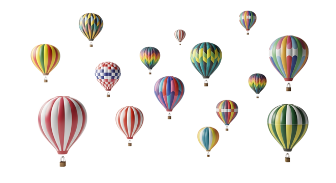 Many colorful hot air balloons isolated on transparent background