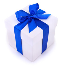 White gift box with blue ribbon and bow isolated on white background