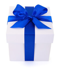 White gift box with blue ribbon and bow isolated on white background