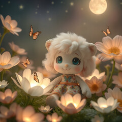 Peluche adorable con ojos grandes y expresivos en un jardín iluminado por luz etérea y estrellas