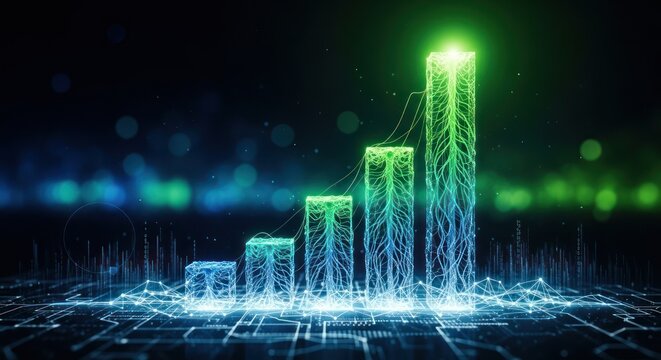 Digital Growth Bar Chart with Glowing Lines and Futuristic Data Visualization.
