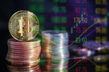 Bitcoin stands out among stacks of coins while fluctuating cryptocurrency prices display a digital market