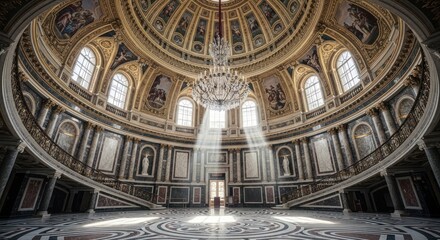 Fototapeta premium Grand Hall Interior with Domed Ceiling and Chandelier.