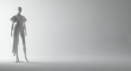 Obraz premium A white high-fashion mannequin showcases an elegant draped dress with voluminous sleeves and a ruched skirt on a bright studio background with ample copy space.