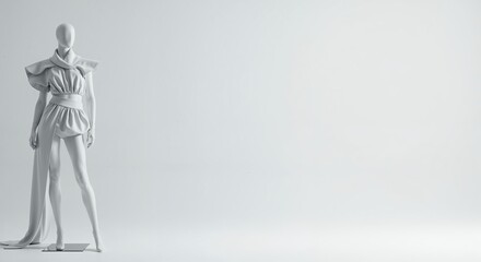 A white mannequin stands elegantly, showcasing a futuristic high-fashion outfit with a draped skirt and structured top, presented against a clean, minimalist white studio background with ample copy.