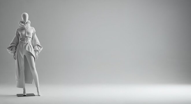A stylized full-length mannequin displays a modern monochromatic high-fashion outfit with voluminous sleeves and an asymmetrical skirt on a clean white studio background with copy space.