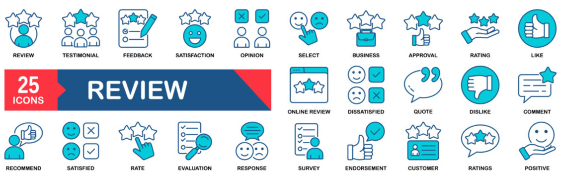 Review icon set. Feedback, testimonial, ratings, comment, like, satisfaction, evaluation, survey, opinion and more. vector icons collection.
