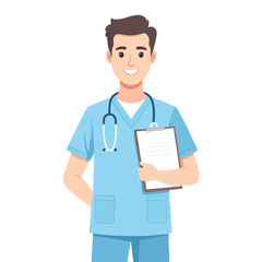 Fototapeta premium Smiling male nurse in blue scrubs holding a clipboard and wearing a stethoscope.