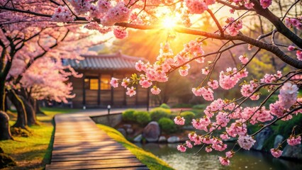 Warm sunlight filters through blooming cherry blossoms in a serene Japanese garden