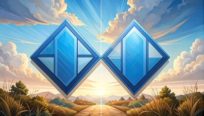 Two diamond-shaped, light blue, frosted,  decorative emblems against a backdrop of a sunrise over a road and hills