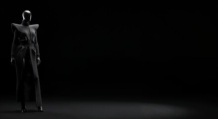 A sleek black faceless mannequin wearing a long, dark, high-fashion coat with exaggerated shoulders stands elegantly on a spotlighted dark stage, featuring ample copy space.