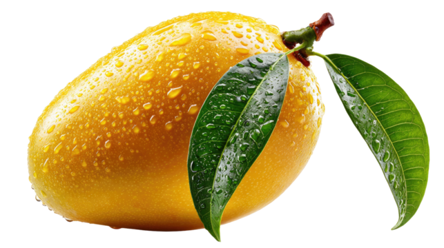 Tropical Mango Delight: A close-up shot of a perfectly ripe mango, showcasing its vibrant yellow skin and glistening water droplets, accompanied by fresh green leaves.
