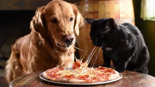 Dog and cat sharing a pepperoni pizza