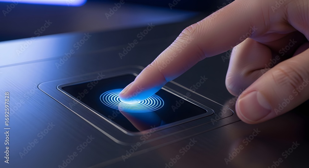 Aufkleber secure fingerprint authentication a finger scans a digital biometric reader, glowing with futuristic