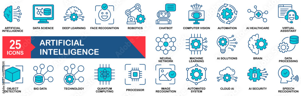 Poster artificial intelligence icon set. containing ai, deep learning, robotics, machine learning, data sci