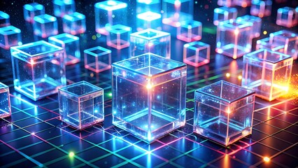 Vibrant glowing cubes float on a digital grid, symbolizing data, technology, and innovation.