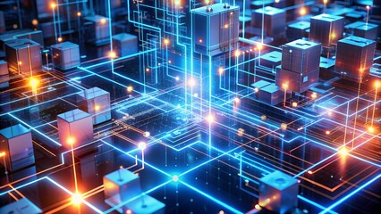 Futuristic digital network abstract background with glowing neon lines and data cubes