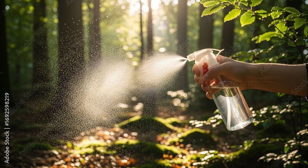Poster sunlight streams through the forest as a hand delicately sprays a fine mist from a clear bottle, cre