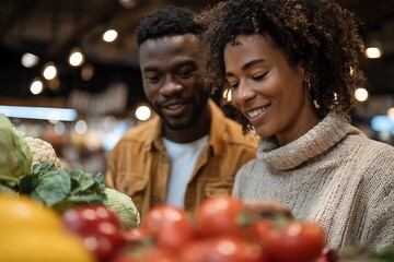 Happy couple grocery shopping, symbolizing shared finances, budgeting, and a modern, sustainable lifestyle. Ideal for topics on financial planning and healthy living.