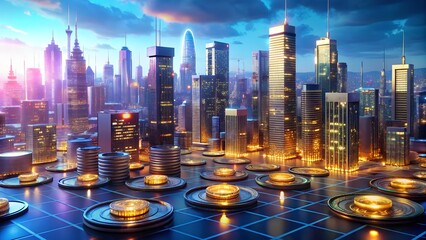 Gleaming digital currency coins stacked amidst a futuristic cityscape at twilight, symbolizing financial growth.
