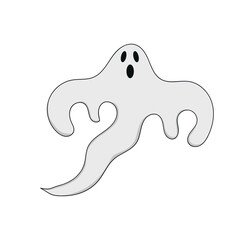 Cartoon Ghost isolated on a white background. Cute, evil or scary character costume. Party celebrating Halloween night.