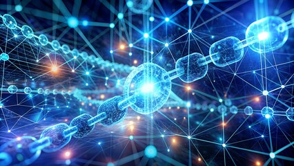 Obraz premium Abstract glowing blockchain network with interconnected nodes and digital chain links