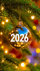Gold Christmas Ornament with White 2026 Letters. Luxurious Golden Bauble with White Text on Fir Tree. Shiny Gold Ball with 2026 Decoration Close-Up. Metallic Gold Ornament with Bold White Numbers.