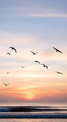 Silhouette of Birds Flying Over Ocean at Sunrise
