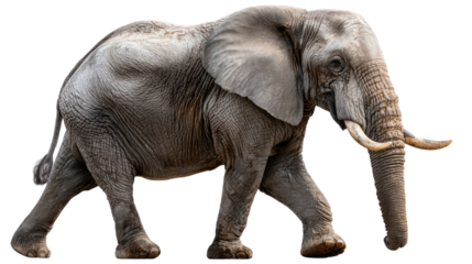 Majestic Elephant in Motion: A powerful African elephant strides confidently, its massive form a testament to the beauty and resilience of the wild. Emphasizing its impressive size and grace.