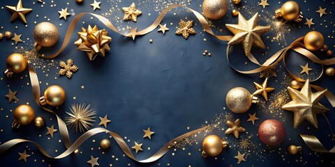Festive Holiday Cheer Golden Ornaments and Stars on Deep Blue Background Perfect for Christmas