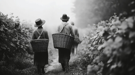 Vintage black and white style photo of old vineyard workers with baskets.