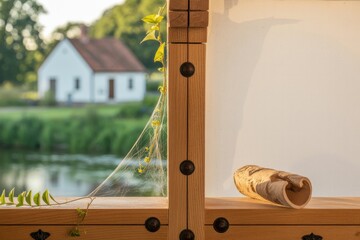 Rustic Wooden Frame with Nature View and Birch Bark Decor Still Life