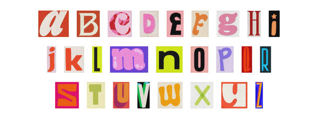 Cut-out magazine alphabet letters set on transparent background, retro ransom style