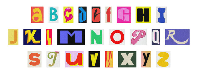 Cut-out magazine alphabet letters set on transparent background, retro ransom style