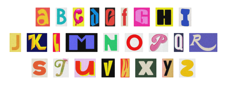 Cut-out magazine alphabet letters set on transparent background, retro ransom style - Powered by Adobe