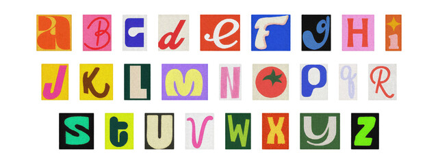 Cut-out magazine alphabet letters set on transparent background, retro ransom style