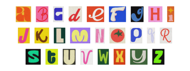 Cut-out magazine alphabet letters set on transparent background, retro ransom style