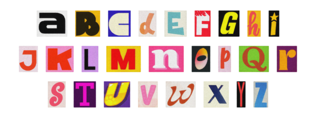 Colorful ransom style cut-out English alphabet from magazines, PNG transparent